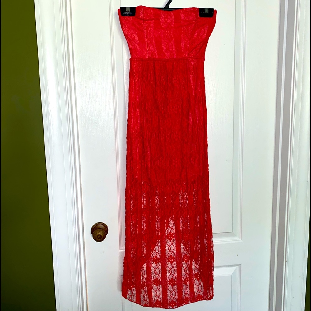 Red/pink strapless dress. Rue 21, size Small. Never worn, no belt.